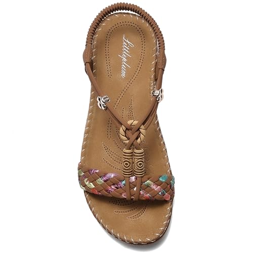 Littleplum Sandalen Damen Freizeit Flach Sandalette Handarbeit mit Strass Perlen Bohemia Strand Schuhe,B Braun 37 EU