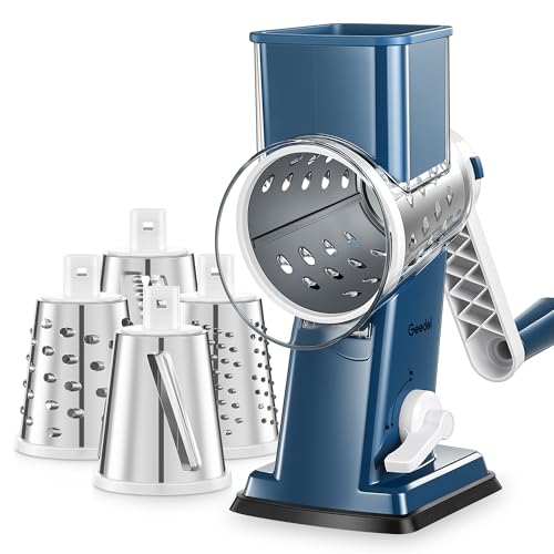 Image of Geedel Rotary Cheese Grater - Upgraded Vegetable Shredder with 4 Interchangeable Blades, Easy to Clean Cheese Shredder with Handle, Kitchen Grater Nuts Grinder for Cutting Cheese, Vegetable, Nuts