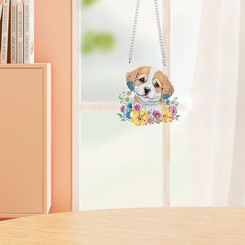 Image of AiYuanzsh DIY 5D Animal Dog Diamond Art Painting Kits Hanging Sign Wall Art Flower Sign Diamond Art Window Hanging Ornament Window Pendants Home Garden Wall Door Hanging Diamond Painting Kits