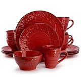 Elama Malibu Ocean Bloom 16-Piece Stoneware Embossed Pattern Reactive Glaze Red Dinnerware Set, Tableware, Serveware Set (Ocean Bloom Red)