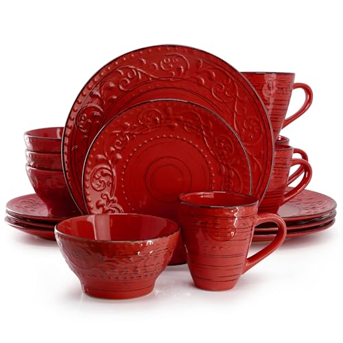 Elama Malibu Ocean Bloom 16-Piece Stoneware Embossed Pattern Reactive Glaze Red Dinnerware Set, Tableware, Serveware Set (Ocean Bloom Red)