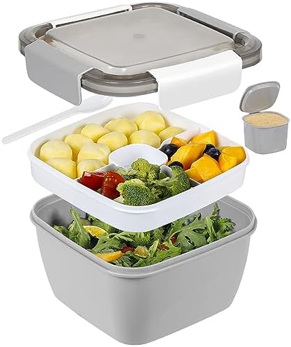 Greentainer 52 OZ to Go Salad Container Lunch Container, BPA-Free, 3-Compartment for Salad Toppings and Snacks, Salad Bowl with Dressing Container, Built-in Reusable Spoon, Microwave Safe(Dark Green)