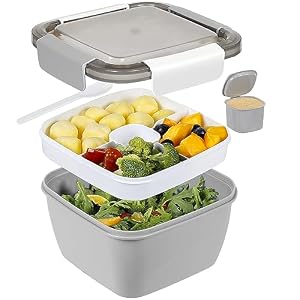 Greentainer 50 oz to Go Salad Container Lunchcontainer, BPA-vrij, 3-vaks voor salade toppings en snacks, slakom met dressing container, ingebouwde herbruikbare lepel, magnetron bestendig (grijs)