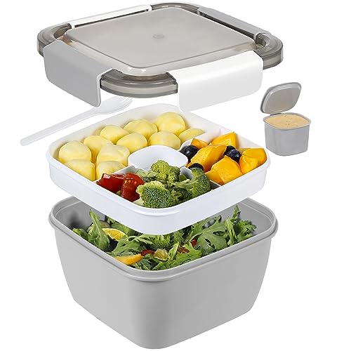 Greentainer Contenitore per il pranzo, a prova di perdite, con 1 forchetta, contenitore per insalata con contenitore per condimenti, 3 scomparti, per scuola, lavoro, picnic, viaggi, campeggio
