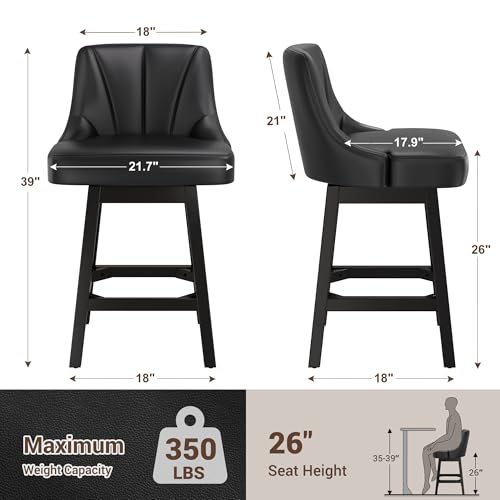 Image of YaFiti Bar Stool with Backs 1 Pcs, 26 inch Counter Height Bar Stools, Modern PU Leather Extra Upholstered Swivel Barstools with Square Solid Wood Legs for Kitchen Island, Black