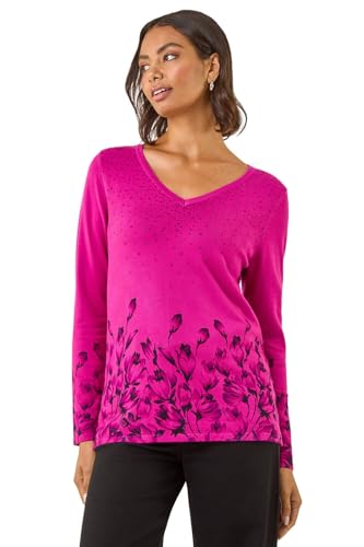 Roman Sparkly Jumper for Women UK - Ladies Sweater Smart Casual Lightweight V Neck Knitwear Knitted Knit Top Winter Office Work Shiny Glitter Party Going Out Sequin - Floral Magenta - Size 14