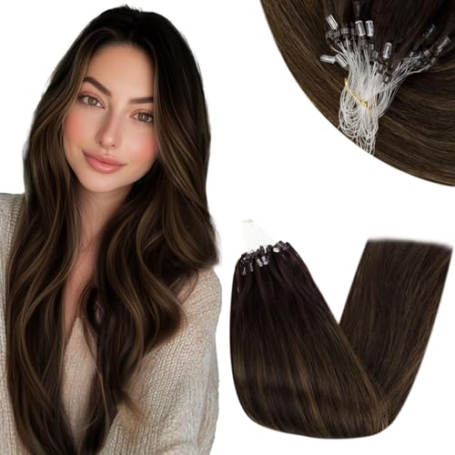RUNATURE Micro Beads Hair Extensions 24 Inch Brown Straight Remy Human Hair Microlink Installation 50g, 2.1Micro-#2/2/6