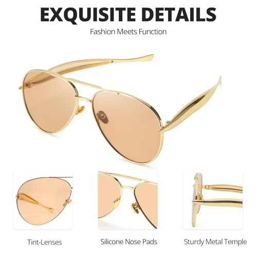 HASFOX® 2 Pack Retro Gold Aviator Sunglasses for Women Men 2025 Metal Oversized Shades 70s Trendy Designer UV400 Sun Glasses3