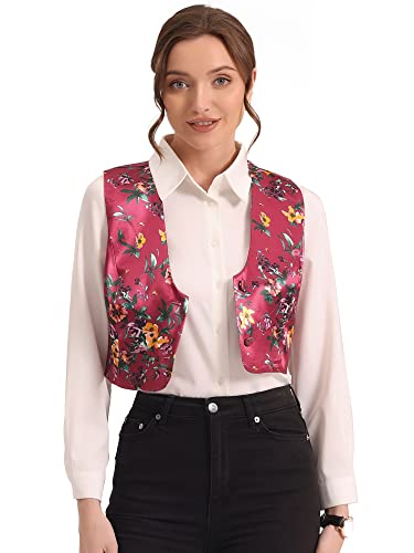 Allegra K Women's Floral Pattern Button Closure Satin Waistcoat Vest Small Rose Red #TOP22
