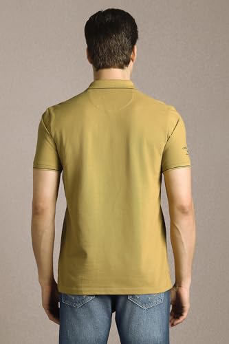 Image of Louis Philippe Men's Slim Fit Single-Tuck Pique Stylized Sleeve Print and Contrast Tipping Half Sleeve Solid Polo Tshirt