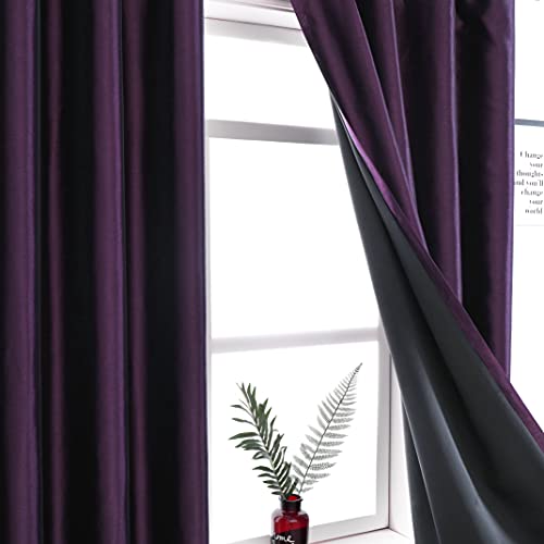 Image of GYROHOME Faux Silk Blackout Curtains, Fully Lined Solid Color Window Treatment Drapes for Bedroom and Living Room Thermal Insulated Grommet Top Room Darkening Drapes, (Purple, 52x84, 2 Panels)