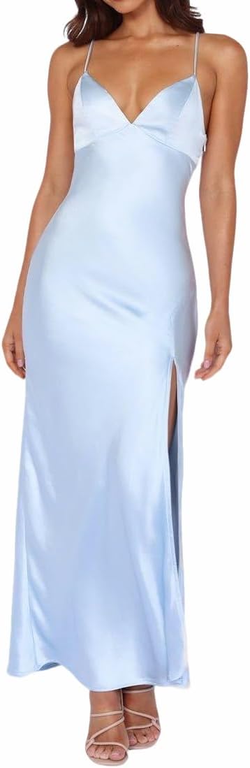 Summer Satin Spaghetti Strap Backless Maxi Dress for Women Formal Silk Tie Back Wedding Guest Dress with Slit