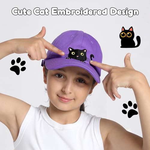 Kids Girls Cute Cat Embroidered Baseball Cap Toddler Adjustable Ponytail Hat for Cat Lover Gifts, 3-8 Years3