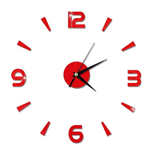Pilipane Modern Frameless DIY Wall Clock,3D DIY Wall Clock,Decor Sticker Mirror Frameless Large DIY Wall Clock Kit for Home Living Room Bedroom Office Decoration(Red)