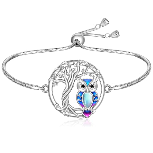 Fenthring Owl Bracelet Sterling Silver Tree of Life Owl Bracelet for Women Moonstone Owls Jewelry Graduation Birthday Christmas Gifts