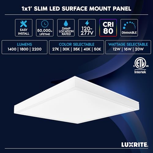 luxrite 1x1 ft slim surface mount panel recessed lighting 5 color temperature options 2700k-5000k dimmable led panel light 140018002200 lumens 10w-20w edge lit damp rated etl listed