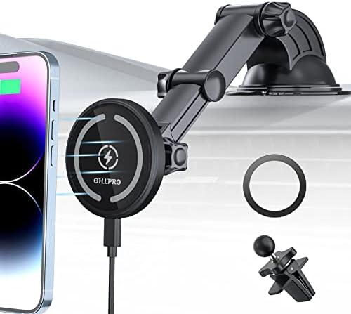 OHLPRO for MagSafe Car Charger, Magnetic Wireless Car Mount for iPhone 14/13/12 Series, Strong Suction Cup Phone Holder for Car Dashboard Windshield Vent, with Adjustable Telescopic Arm Phone Mount…