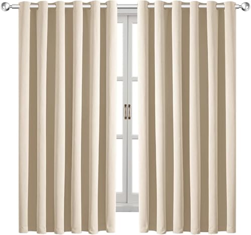 AMEHA Eyelet Blackout Curtains for Home Décor Soundproof Thermal Insulated Ring Top Kitchen Cream Curtain 66x54 Inch, 2 Panel with Tiebacks