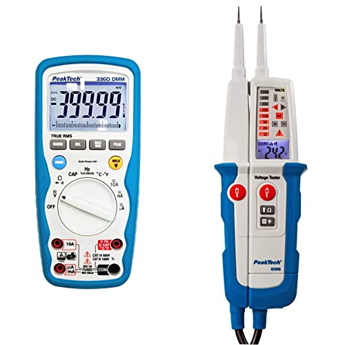 PeakTech P 3360 3360 – True RMS Digital Multimeter & 1096 – 2-poliger AC/DC Spannungsprüfer mit Dual Anzeige & FI-Test, Staub- & Wasser Schutz (IP64), LCD-Display + Taschenlampe, 6V - 1000V