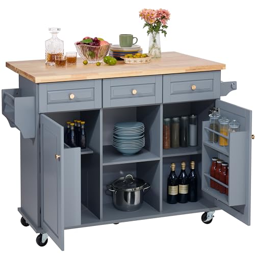 Finnhomy 53.2'' Large Rolling Kitchen Island with Drop Leaf, Thicken