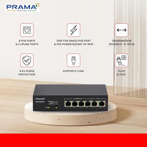 Image of Prama Prama PT-SW1U06P-E 100 Mbps Network PoE Switch, 4 PoE Ports + 2 Uplink RJ-45 Ports