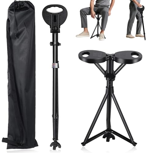 Tragbarer Gehstock mit Sitz,Höhenverstellbarer Spazierstock & Hocker,Robustes Aluminium,Maximale Traglast 250kg,Leicht für Wandern,Warteschlangen,Stadtspaziergänge und Outdoor Aktivitäten wie Reisen