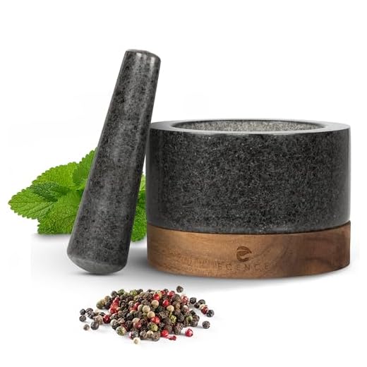 ECENCE Houten en granieten mortel en stamper Solid Spice Stamper en vijzel set voor perfect Grote stenen mortel en stamper graniet en acacia hout Ø11cm