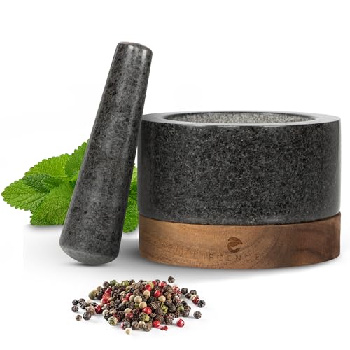 ECENCE Mörser mit Stößel aus hochwertigem Naturgranit und edlem Akazienholz-Sockel Ø11cm -...