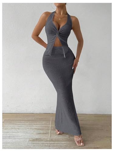 Image of SOLY HUX Women's Two Piece Outfits Twist Front Halter Cami Tops and Skirt Summer Set