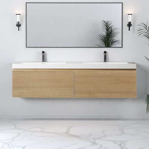 Image of Wall Mounted Bathroom Sink Vanity, Modern 60 inch Floating Vanity with 2 Resin Top Basins and 2 U-Shaped Soft-Close Storage Drawers, Striped Bathroom Storage Cabinet with Invisible Handle, Wood