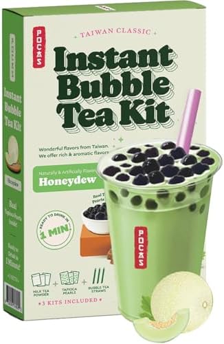 Pocas Bubble Tea Kit, Honeydew – Milk Tea Powder with Tapioca Pearls, Boba Straws, 3 Kits