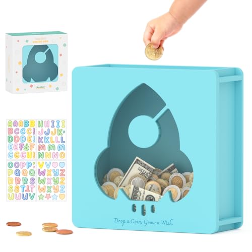 Image of Summidate Wooden Money Saving Box, Clear Window Cash Vault Savings Box with DIY Stickers, Personalized Rocket Piggy Bank for Kids & Adults, Birthday /Baby Shower /Wedding Gift