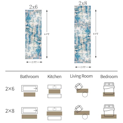 KOZYFLY Modern Abstract Area Rugs 8x10 Turquoise/Beige/Grey/Yellow Machine Washable Thin Rug for Bedroom Non-Slip Living Room Rug, Faux Wool Soft Low Pile Carpet for Dining Room, Bedroom, Bathroom