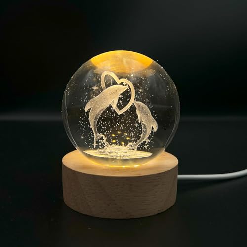 Image of UCRAVO LED Cristal Ball Lamp | LED Dolphin 3D Crystal Ball Night Light | Glass Ball Illuminated with Wooden Base | USB Charging Lamp for Bedroom | Home Decor & Gift with Soft Ambient Lighting