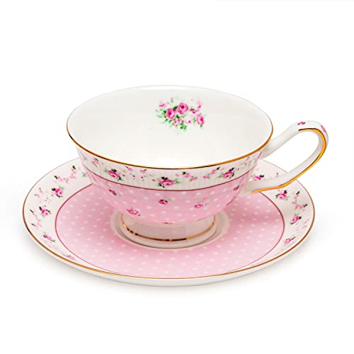Glen Mila Bone China Tea Cups and Saucers Set Floral Tea Cups Fine China Tea Cups for Tea Party, 7-Ounce Rose Teacup Set Porcelain Coffee Cup Set for Women
