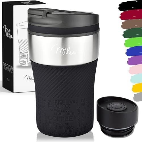 Milu Tazza termica da viaggio per caffè 210ml - 100% a Prova di perdite - Isolata Tazza di caffè e tè da portare via Tazza Termica da bere in acciaio inossidabile - Caldo e freddo - Nero
