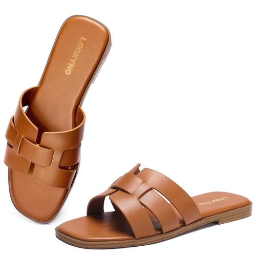 Flat Sandals for Women 2025 Dressy Summer Leather Slides with Square Open Toe
