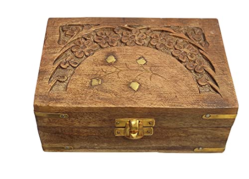 Indian Artisan Handcrafted Wooden Jewelry Box Storage Organizer, Wooden Treasure Box, Vintage Treasure Chest Box, Vintage Style Wood Decorative Nesting Box -6 Inch - Natural