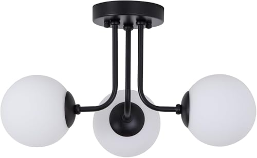 Lámpara de techo moderna semiempotrada de 3 luces, pantalla de vidrio blanco y negro, lámpara de techo semiempotrada, candelabros Sputnik para
