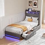 Struttura per Letto Singolo 90x200 cm con LED e USB, Letto con Cassetti 90x200 con 2 Cassetti, Struttura Letto Imbottitura con Rete a Doghe, Testiera Imbottita con Spazio di Archiviazione per Letto