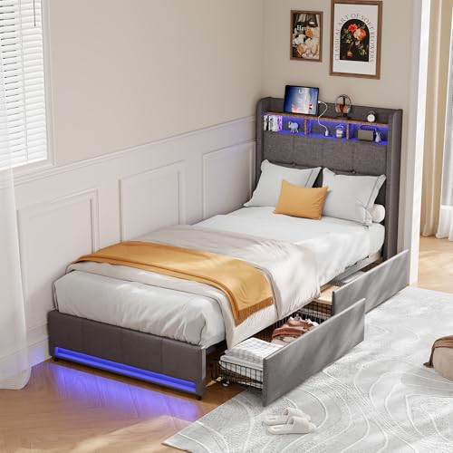 Struttura per Letto Singolo 90x200 cm con LED e USB, Letto con Cassetti 90x200 con 2 Cassetti, Struttura Letto Imbottitura con Rete a Doghe, Testiera Imbottita con Spazio di Archiviazione per Letto