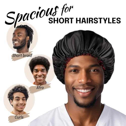بونيه نوم ساتان للرجال، مقاس صغير للشعر القصير، قابل للعكس وقابل للتعديل لمنع التجعد، اسود