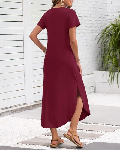 Image of MISFAY Women's Summer Maxi Dress 2026 Casual Short Sleeves V Neck Loose Sundress Split Long Beach T Shirt Dress