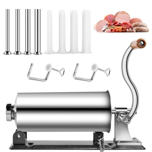 IUBGFTO Embutidora de Salchichas de 3 l/4 l, embutidora Manual Horizontal de Carne con 8 Tubos de llenado, embutidora casera de Acero Inoxidable, para cocinas comerciales y Uso doméstico (4 l)