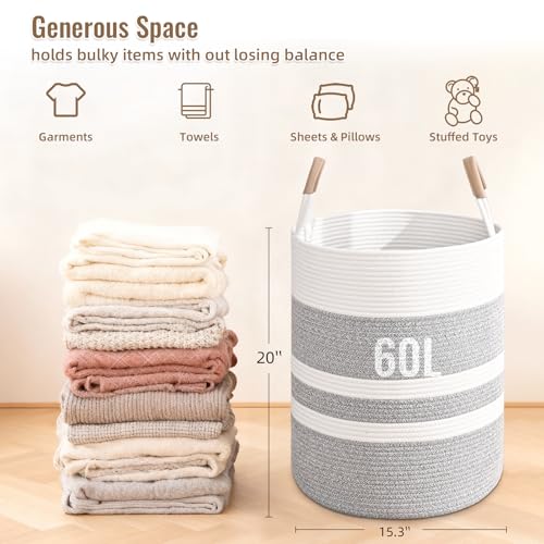 Image of Large Laundry Basket, Laundry Hamper with Leather Handles, 60L Woven Dirty Clothes Hamper, Rope Hampers for Bedroom, Barthroom, Grey