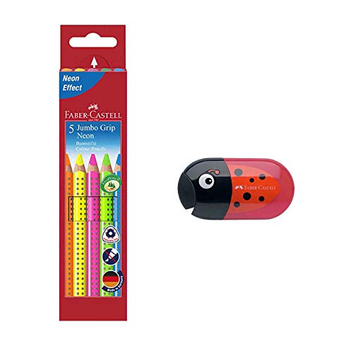 Faber-Castell 110994 - Buntstifte Jumbo Grip Neon, 5er Etui (1, inkl. Spitzdose Käfer)