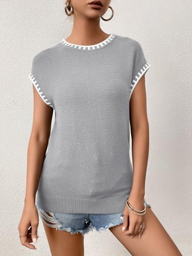 Image of Cap Sleeve Sweater Tops for Women 2026 Knit Summer Sleeveless Tank Vest | Slim Fit, Trendy Color Block, Soft, Skin-Friendly, Strechy, Lightweight, Breathable, Casual Daily Wear