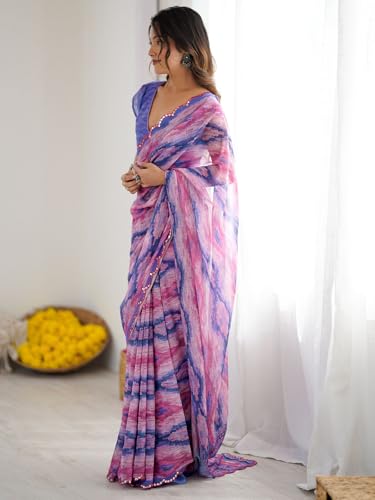 Image of Satrani Women's Georgette Printed & Mirror Work Saree with Unstitched Blouse Piece