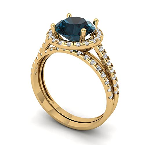 Wedding Ring Set for Women - 14K Solid Gold, Yellow Gold Natural London Blue Topaz Engagament Ring and Stacking Zirconia Wedding Band Bridal Set, 2.52 tcw2