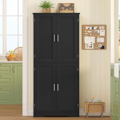 Image of TEENFON 67 inch Storage Cabinet, Kitchen Pantry Cabinet with 4 Doors and 2 Adjustable Shelves, Cupboard, Tall Bathroom Cabinets for Living Room, Kitchen, Bathroom, Black